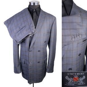 Statement 2-Pcs Plaid Gray Double Breasted Wool Suit Blazer Sz 48L Pants 44X34